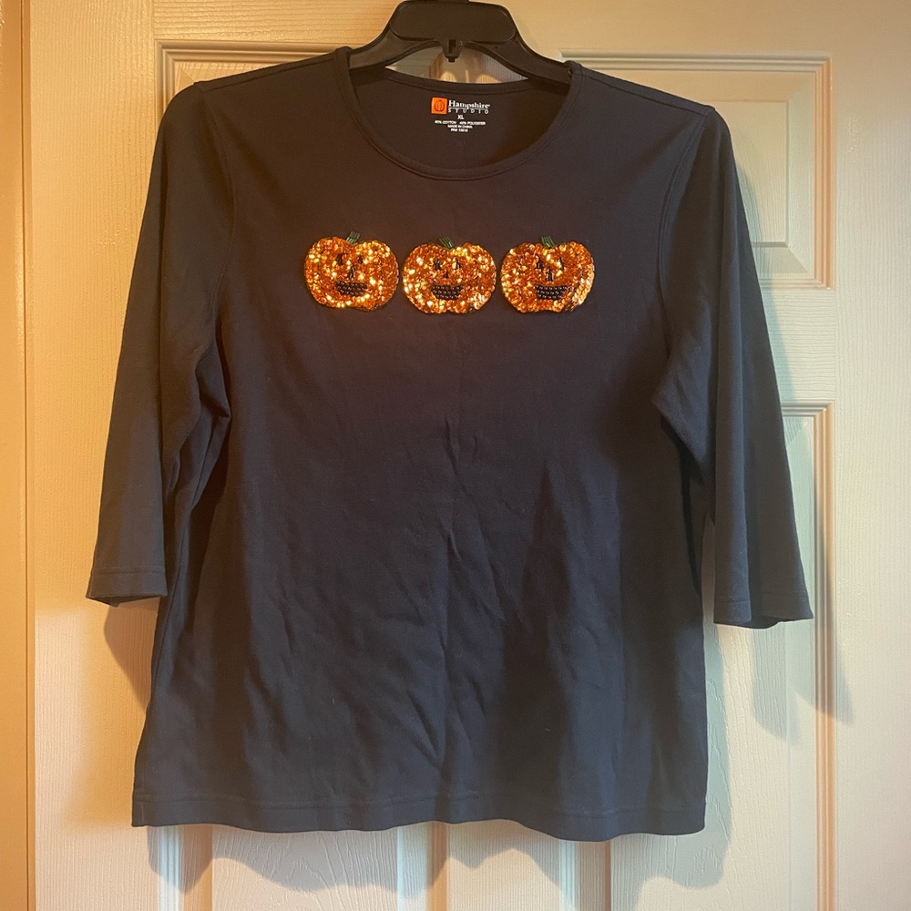 Hampshire Studio Black 3/4 Sleeve Embellished Sequin Pumpkin Tee, Size XL